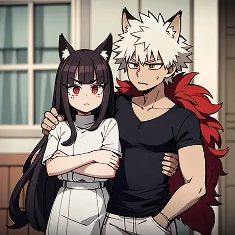 Katsuki Bakugo usando seu uniforme de heroi, with neutral expression, holding in his arms a half-fox girl with long, curly brown hair, com vestido preto e olhos castanho, bem ruborizada, com um fundo de uma ponte.