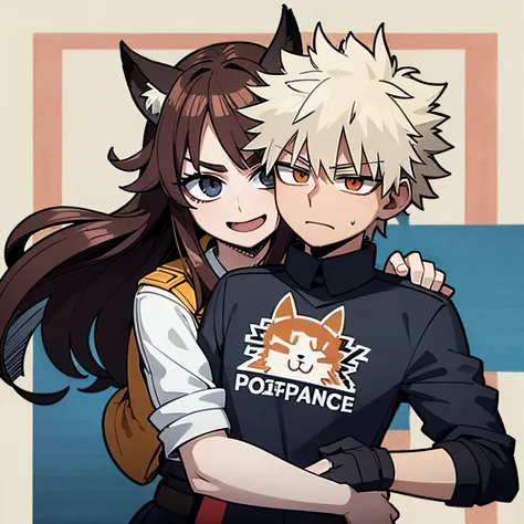 Katsuki Bakugo usando seu uniforme de heroi, with neutral expression, holding in his arms a half-fox girl with long, curly brown hair, com vestido preto e olhos castanho, bem ruborizada, com um fundo de uma ponte.