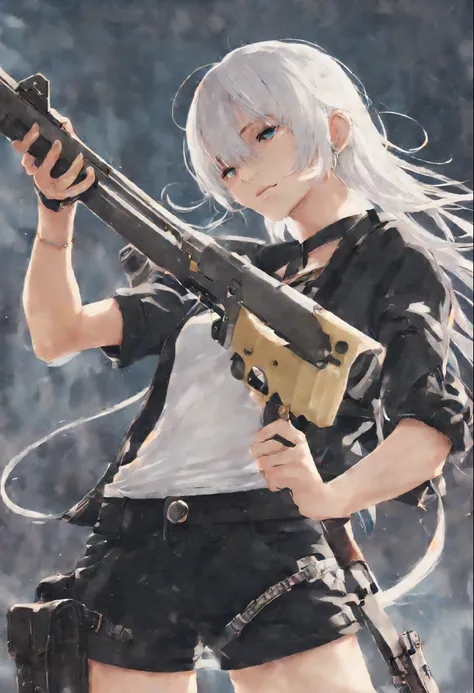 anime girl with white hair and black shorts holding a gun, a character portrait by Yang J, pixiv, neo-romanticism, best anime 4k konachan wallpaper, key anime art, detailed key anime art, delicate androgynous prince, beautiful androgynous prince, trending ...