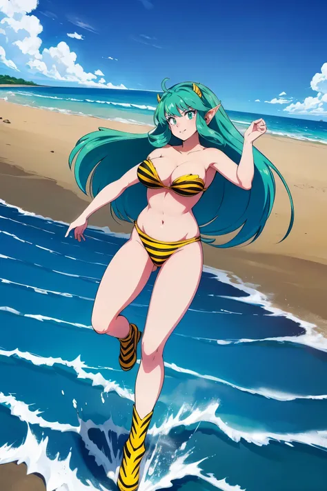 In style of Argerm, (best quality,4k,8k,highres,masterpiece:1.2),ultra-detailed,(r:1.37), vibrant colors, lum, lighting, beach scenery, bikini model, standing tall and confident, full body emphasis, alluring curves, prominent and voluptuous breasts, captiv...