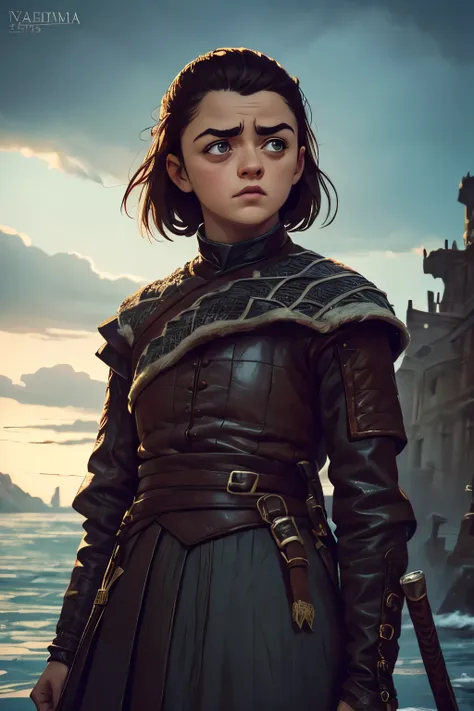 cinematic poster, arte centrada, 1 girl, solo, ((sozinho)), (((only one character))),  arya stark, rosto de maisie williams, ros...