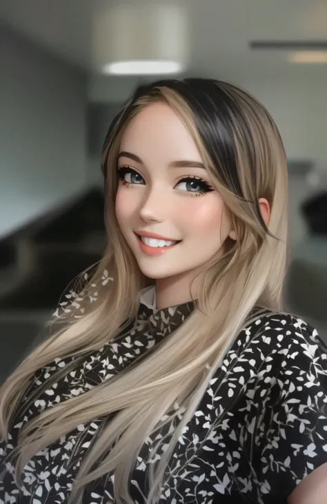 blond woman with long hair and black and white dress smiling, make anime style.