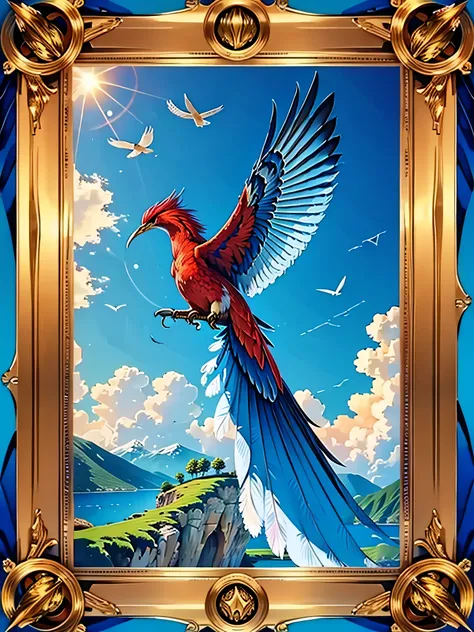 large detailed full-length firebird,the bird is all in the frame down to the last feather ,hiquality,, Clear Focus,on a blue clean background,8K