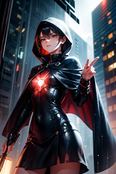 (Ultra detailed:1.3),(grainy:0.8), natural lighting, futuristic city, (raining:1.3), (dark:1.3), (fog:1.2), red lights, orange lights, blue lights AND girl, cape with hood, light logo, [cyberpunk clothing:torn fabric:0.35], red lights, orange lights, menac...