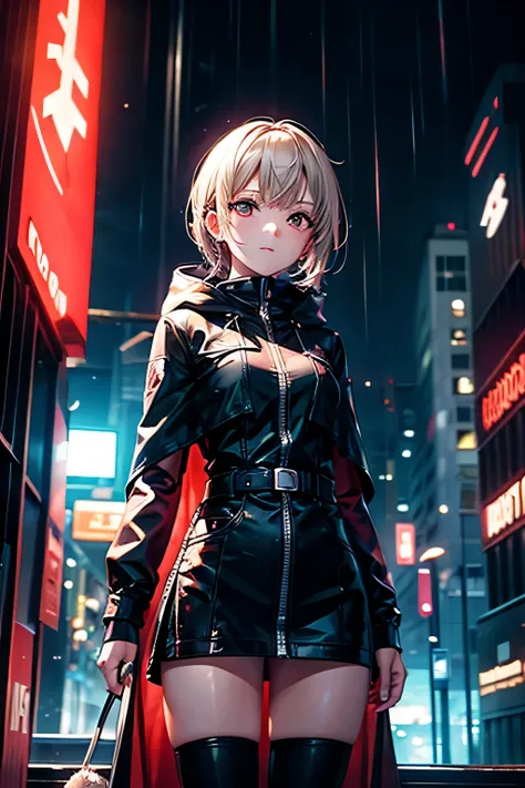 (Ultra detailed:1.3),(grainy:0.8), natural lighting, futuristic city, (raining:1.3), (dark:1.3), (fog:1.2), red lights, orange lights, blue lights AND girl, cape with hood, light logo, [cyberpunk clothing:torn fabric:0.35], red lights, orange lights, menac...