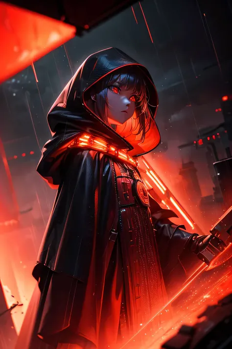 (Ultra detailed:1.3),(grainy:0.8), natural red lighting, futuristic city, (raining:1.3), (dark:1.3), (fog:1.2), red lights, orange lights, crimson lights AND girl, cape with hood, light logo, [cyberpunk clothing:torn fabric:0.35], red lights, orange lights...