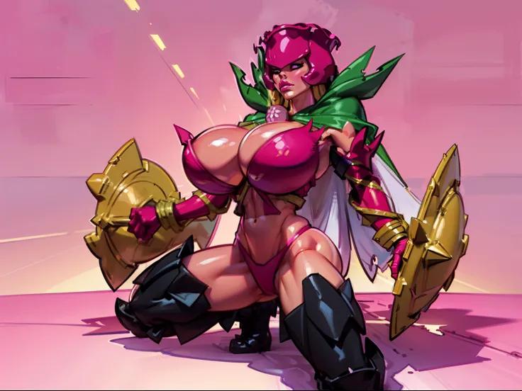 Eyes covered, woman, rosemon , ((pink skin:1.4)), adorned in red suit, ((twerking)), metal muscles, emanating a medieval elegance and marvel, green cape, armor pump boots, blonde hair, red bra, small armband), gauntlets, ((armored bikini:1.4)), sword, shie...