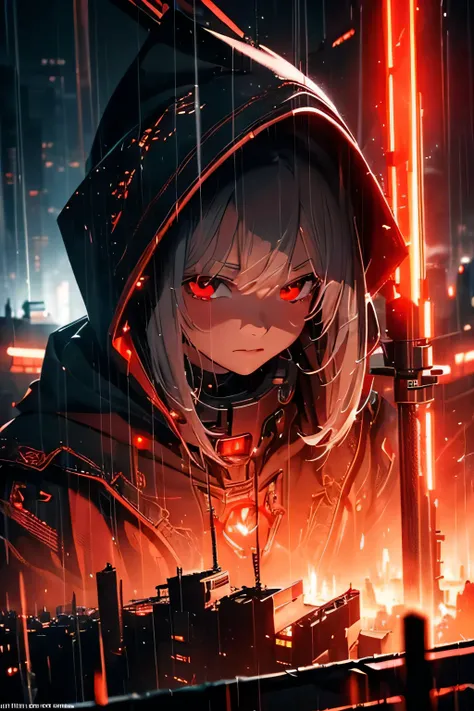 (Ultra detailed:1.3),(grainy:0.8), natural red lighting, futuristic city, (raining:1.3), (dark:1.3), (fog:1.2), red lights, orange lights, crimson lights AND girl, cape with hood, light logo, [cyberpunk clothing:torn fabric:0.35], red lights, orange lights...