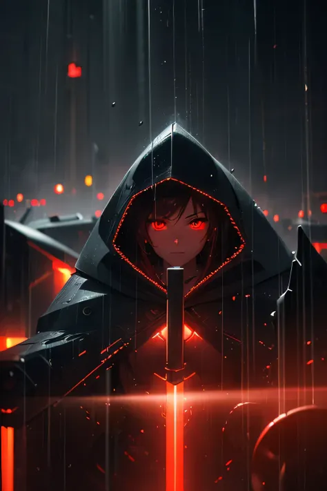 (Ultra detailed:1.3),(grainy:0.8), natural red lighting, futuristic city, (raining:1.3), (dark:1.3), (fog:1.2), red lights, orange lights, crimson lights AND girl, cape with hood, light logo, [cyberpunk clothing:torn fabric:0.35], red lights, orange lights...