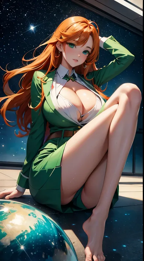 1girl, Best quality, masterpiece, cowboy shot, orange hair, green eyes, tight cloth, office clothes, office, white clothes, wet, fingering, long ginger hair, green eyes, anime girl, kawaii, hourglass figure, big feet, sweaty feet, soles showing, 5 toes on ...