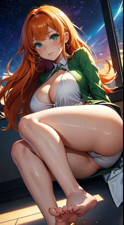 1girl, Best quality, masterpiece, cowboy shot, orange hair, green eyes, tight cloth, office clothes, office, white clothes, wet, fingering, long ginger hair, green eyes, anime girl, kawaii, hourglass figure, big feet, sweaty feet, soles showing, 5 toes on ...