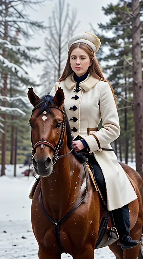 Russian empress Catherine the Great, in the snow in a wide coat, on a horse in the forest.