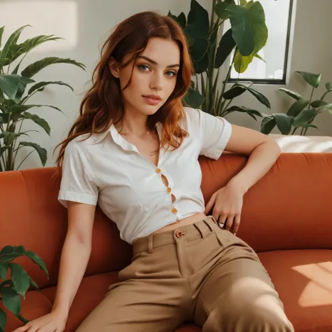 a photo of a seductive woman with loose styled redhead hair, posing on an orange couch with plants around, she is wearing button...