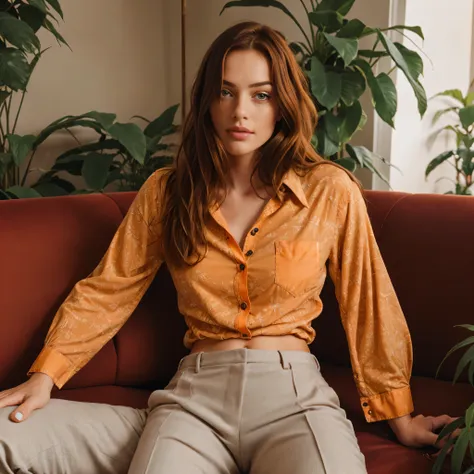 a photo of a seductive woman with loose styled redhead hair, posing on an orange couch with plants around, she is wearing button...