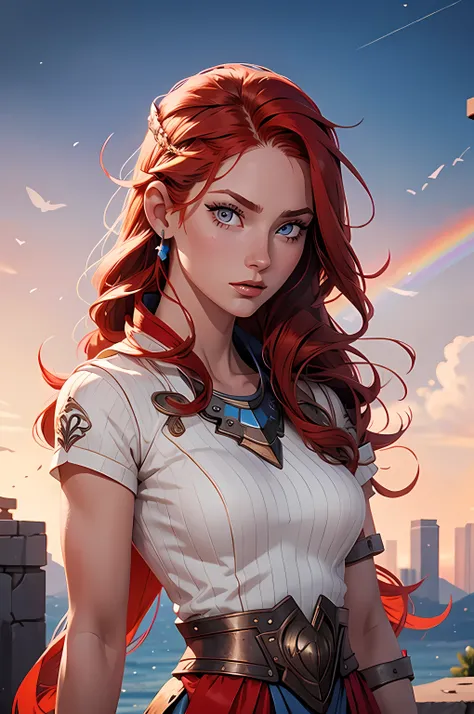 1girl, Very long red hair, A goddess called Athena ,Athena&#39;s name on her clothes , Rainbow colored eyes, Close up shot of face, She is a warrior , He wears beautiful childish clothes, Plain, single-color background , absurdres, high-resolution, ultra s...