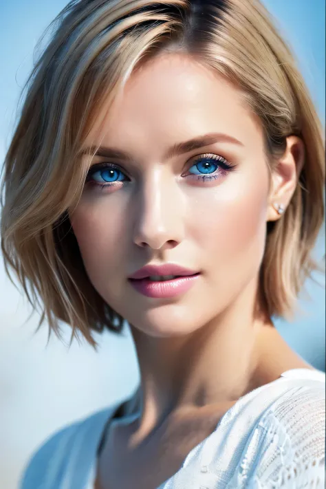 (top-quality,8K,​masterpiece),
from waist up,
Very beautiful Caucasian woman,Very beautiful face,face perfect,A detailed face,30-years old,(A detailed eye,Detailed lips,lipgloss),
Very white skin,Blue eyes,
so short hair,a pixie cut_boyish,a blond,