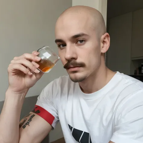 Male, White skin, 24 years old, young, thin mustache, goatee, white dress t-shirt, Holding a glass of coca cola, sitting, black hair, bald, With tattoo on right arm , Serious face, rounded eyes Slim, very thin body Teen, young, with little hair on his head