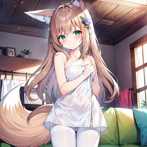 (tmasterpiece, Best quality, A high resolution), 1 girl, Alone,  (bigger, Soft fox tail)，A pair of fox ears，Green-eyed，(Brown hair long)，Small flower headdress, (9 years old_Cute loli)，small tit，摩洛解放阵线，After school，因为bigger雨把衣服都湿透了, Wearing a wet bath towe...