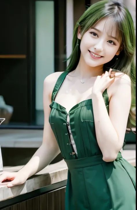 "8K resolution, Masterpiece Quality: 1.2, Photorealsitic: 1.4, Detailed 8k wallpapers, Cinematic lighting, Sharp Focus, Full body, Idol of a 20-year-old Japan, Perfect body, (Green hair), trendy green outfit, luxurious and elegant interior, Fashionable har...