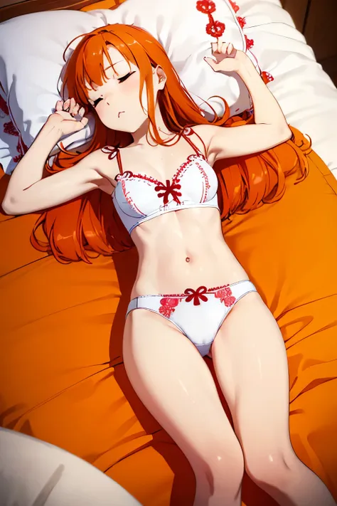 1girl in、hight resolution、​masterpiece、Alena (DQ4)、Orange hair、A slender、well-muscled、Short stature、PILLOWS、a bed、(((sleeping with drool、Sleeping、Hand down、bustier with embroidery、white panties with embroidery)))、skinny thigh、Focus on the thighs