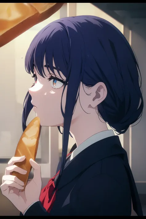 ((Obra maestra, La mejor calidad, ultrahigh resolution)), 1girl, dark blue hair, school uniform, (toast in mouth, bread in mouth), side view, outside