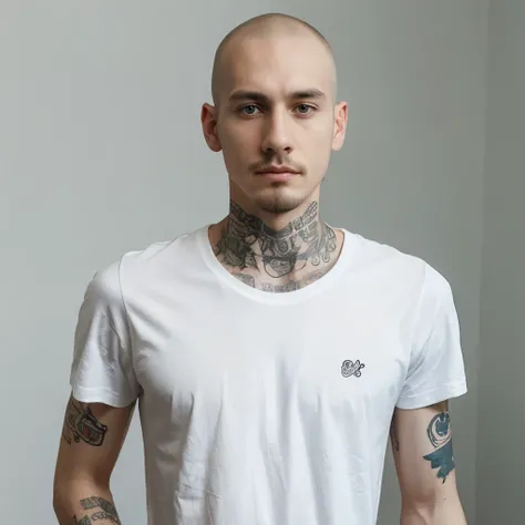 Man, white skin, little hair, 24 years old, young, thin, very thin, wears a white formal t-shirt, tattooed right arm, thin mustache, goatee, serious facial expression