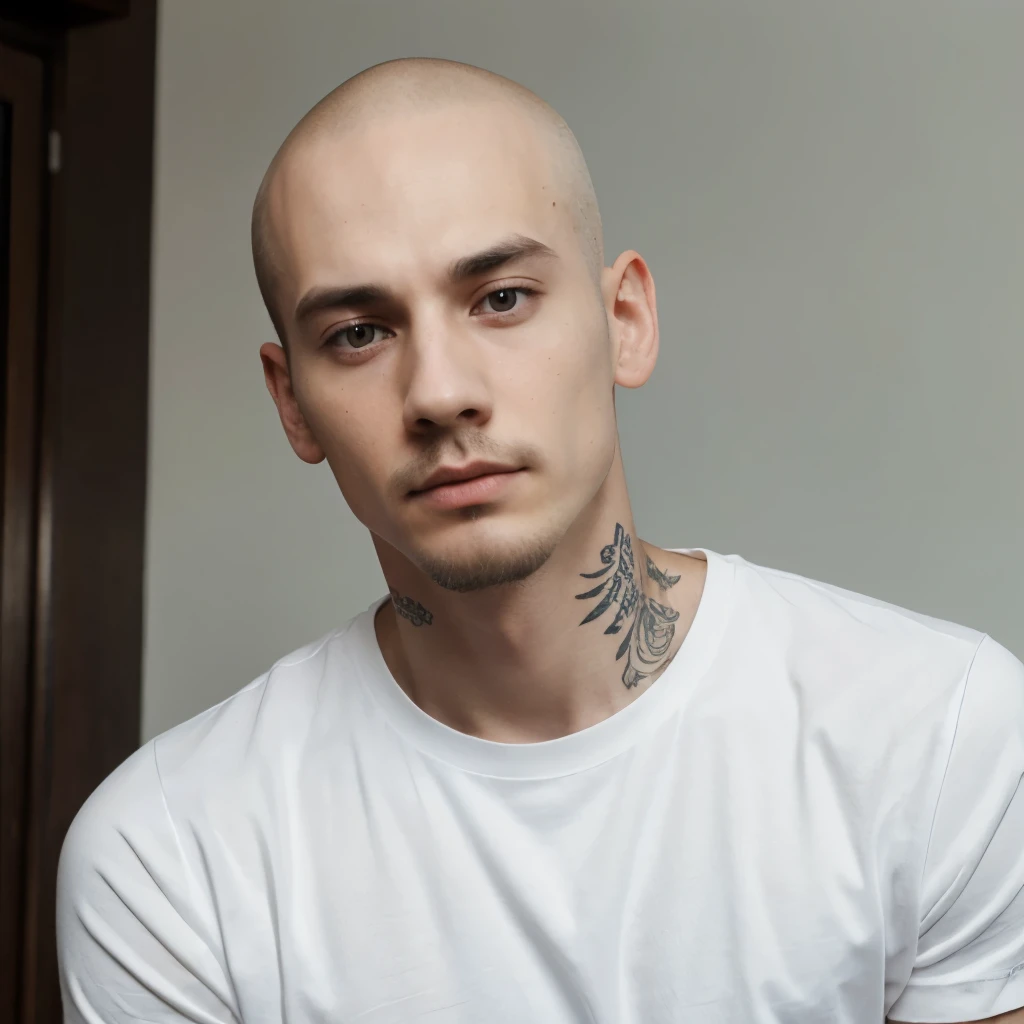 Man, white skin, little hair, 24 years old, young, thin, very thin, wears a white formal t-shirt, tattooed right arm, thin mustache, goatee, serious facial expression