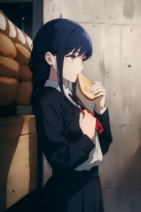 ((Obra maestra, La mejor calidad, ultrahigh resolution)), 1girl, standing, dark blue hair, school uniform, ((toast in mouth, bread in mouth)), side view, outside