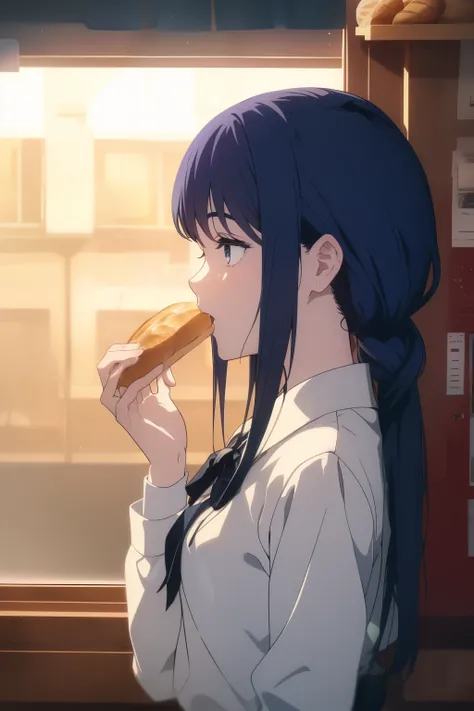 ((Obra maestra, La mejor calidad, ultrahigh resolution)), 1girl, standing, dark blue hair, school uniform, ((toast in mouth, bread in mouth, eating bread)), side view, (outside), (happy)