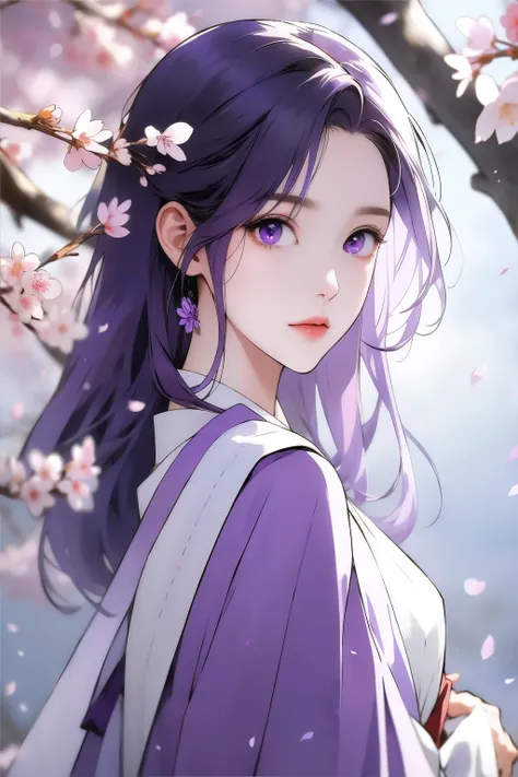 cherry_blossoms, falling_petals, solo,1girl,upper body, looking at viewer, white and purple hair purple eyes