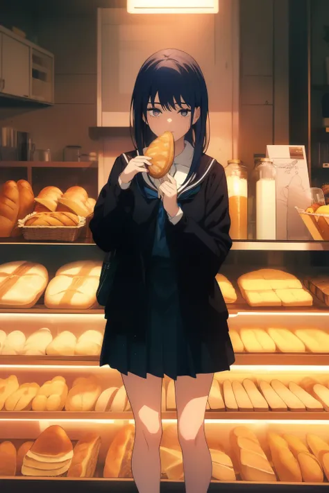 ((Obra maestra, La mejor calidad, ultrahigh resolution)), 1girl, standing, dark blue hair, school uniform, ((toast in mouth, bread in mouth, eating bread)), (outside), (happy)