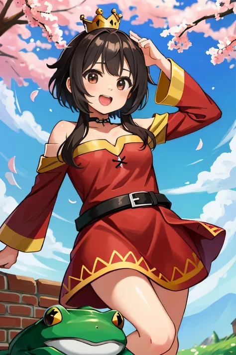 (master part, best quality),  peitos pequenos,1girl,  Megumin, short hair, com roupa de princesa, kalap, Sakura, sorrir, crown on her head,Feliz, no castelo, giant green frog behind.