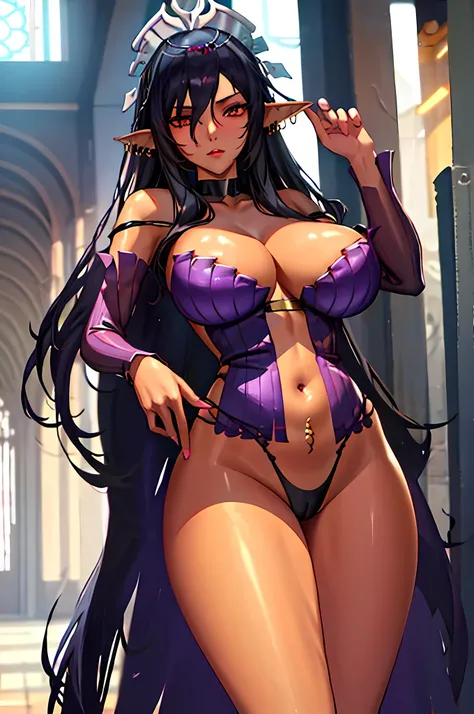 Off-shoulder brunette girl, Wearing black underwear. She has dark skin，like a dark elf. Her dress has removable sleeves，and wearing earrings. One of her eyes is partially covered by her hair. She adorns herself with jewelry，The bust is huge. as she stares ...