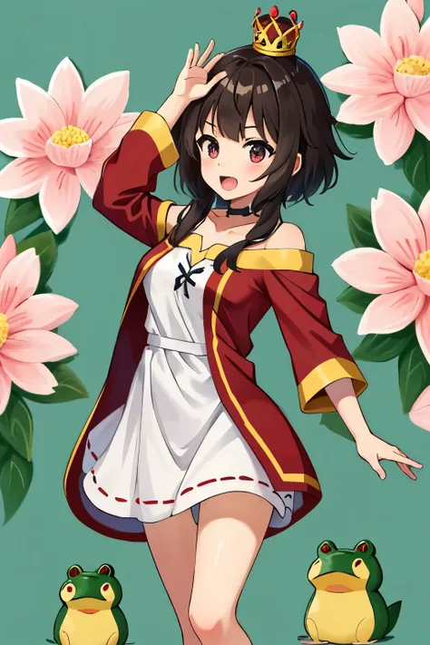 (master part, best quality),  peitos pequenos,1girl,  Megumin, short hair, com roupa de princesa, Sakura, sorrir, princess crown on head,Feliz, no castelo, giant green frog behind.