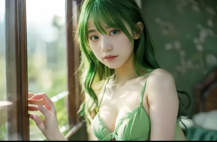 8K resolution, Masterpiece quality: 1.2, Photo-realistic: 1.4, Detailed 8K wallpaper, Cinematic lighting, Sharp full body focus, (20-year-old Japanese idol with perfect body and green hair, (green hair) Green lingerie, Tranquil private bedroom with green d...