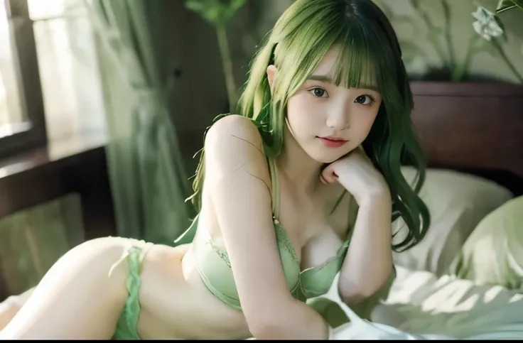 8K resolution, Masterpiece quality: 1.2, Photo-realistic: 1.4, Detailed 8K wallpaper, Cinematic lighting, Sharp full body focus, (20-year-old Japanese idol with perfect body and green hair, (green hair) Green lingerie, Tranquil private bedroom with green d...