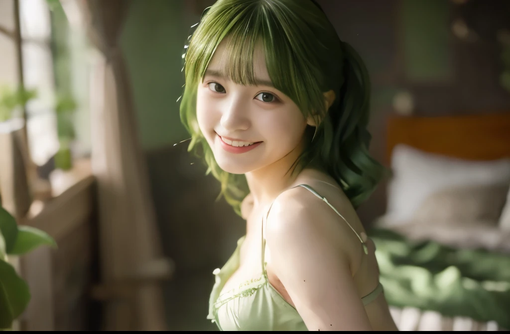 8K resolution, Masterpiece Quality: 1.2, Photorealsitic: 1.4, Detailed 8k wallpapers, Cinematic lighting, sharp whole body focus, (20-year-old Japanese idol with perfect body and Green hair, (Green hair) Green lingerie, Quiet private bedroom with green dec...