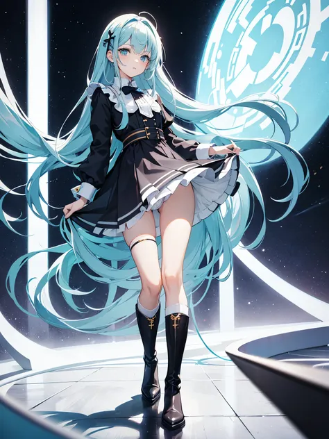 full body shot shot,idoly,portrait,solo person,over knee socks,hair pin,frilld,Boots that are thigh-length,a beauty girl,magical little girl,cyanhair,skirt lift,((white panty))