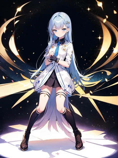 full body shot shot,idoly,portrait,solo person,over knee socks,hair pin,frilld,Boots that are thigh-length,a beauty girl,magical little girl,cyanhair,upskirt,white_panty