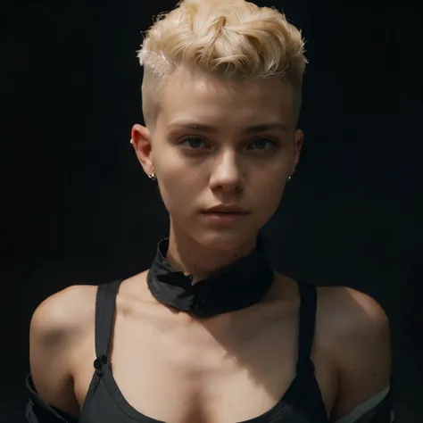 a 20 yo woman, blonde, (hi-top fade:1.3), dark theme, soothing tones, muted colors, high contrast, (natural skin texture, hyperrealism, soft light, sharp,nsfw)