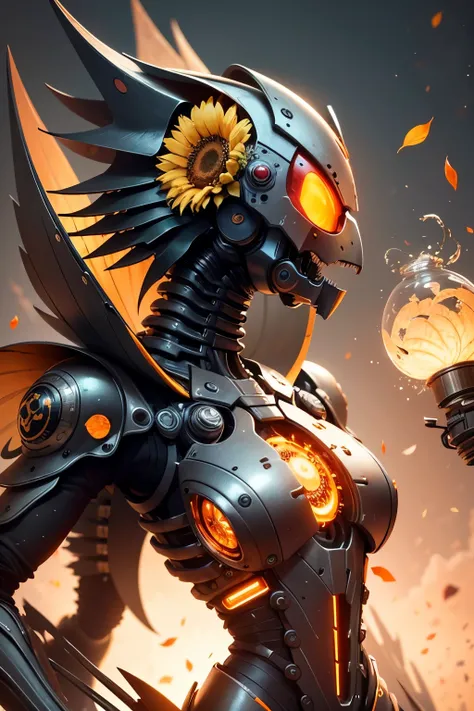 A fiery, meticulously designed robotic shrike with visible gears, microprocessors, and metallic joints, resting on a dew-speckled, bright sunflower petal, showcased in an extreme close-up to emphasize the stark contrast between the mechanical intricacy of ...