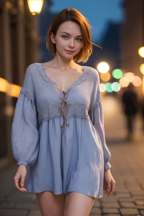 A beautiful introverted European woman wearing frumpy clothing, legs, high detail face, high detail skin, medium size breasts, 8k, HDR, high resolution, photo-realistic, cinematic lighting, depth of field, bokeh, rim lighting, backlit, cool colours, night