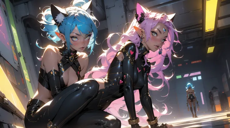 three beautiful elf girls, naked, nude, extreme abs, cute face, crazy hair, futuristic, colored hair, yellow eyes, leather choker, deep fashion, cyberspace, surreal, virtual reality, neon light hearts, video game, crazy colors, spreading legs, high heels, ...