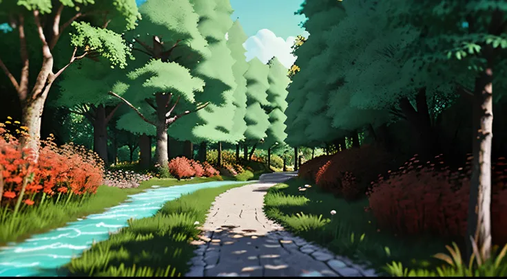 estilo cartoon network | | "Hora da Aventura",  A narrow, winding trail surrounded by tall trees and flowering bushes. There are small details like mushrooms and crystal clear streams all around