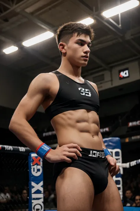 handsome teenage MMA fighter wearing jockstrap, very short hair, futuristic arena