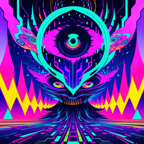 Glitch Dreamer, Psychedelic, Vibrant colors, (computer glitch:), ((Terrible monster)), wide eyes, screaming in pain, (incomprehensble creature), infinite dream, shifting reality