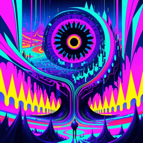 Glitch Dreamer, Psychedelic, Vibrant colors, (computer glitch:), ((Terrible monster)), wide eyes, screaming in pain, (incomprehensble creature), infinite dream, shifting reality