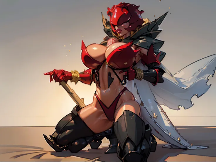 Eyes covered, woman, rosemon , ((dust particles)), adorned in ((red suit)), ((twerking)), metal muscles, emanating a medieval elegance and marvel, green cape, armor pump boots, (black thigh highs), blonde hair, (red bra), small armband), gauntlets, ((armor...