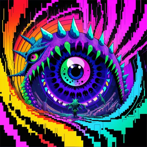 Glitch Dreamer, Psychedelic, Vibrant colors, (computer glitch), (((Terrible monster))), multiple eyes, screaming in pain, (incomprehensble creature), (infinite dream, shifting reality), rotting dragon