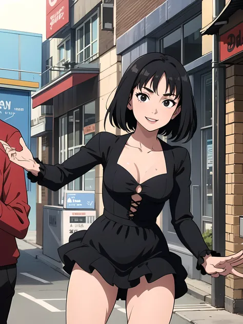 1 girl, teenage, black hair, short black hair, medium hair, bob hair, black eyes, flamenco dress, flamenco dancer, smile, city streets, sexy, masterpiece, high quality.